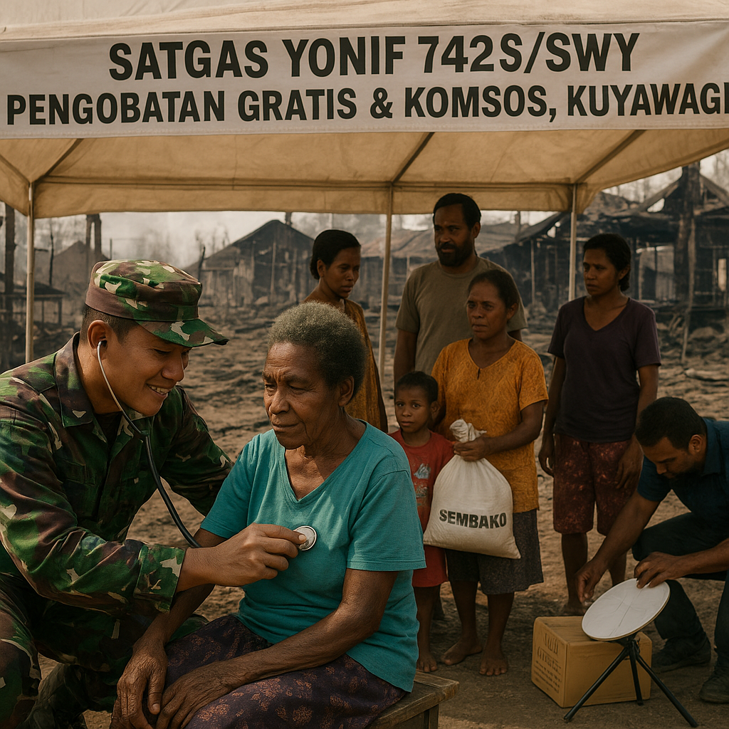 Usap Duka Pasca-Kebakaran, Satgas Yonif 742/SWY Gelar Pengobatan dan Komsos di Kuyawage