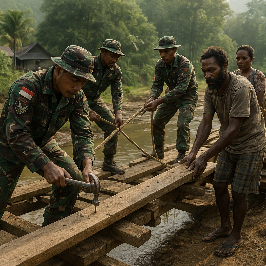 Satgas Yonif Raider 300/Bjw, Bantu Warga Perbaiki Jembatan Penghubung di Perbatasan Papua