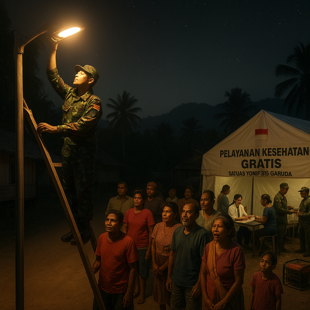 Lampu Terang dan Pelayanan Kesehatan Gratis untuk Warga Kampung Titigi dari Yonif 315/Garuda