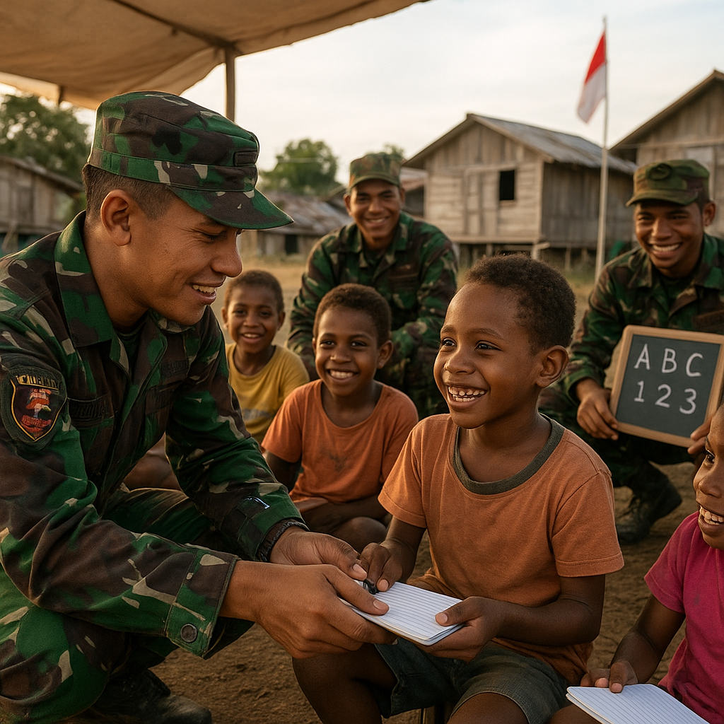 Satgas Yonif Raider 300 Ajari Anak-Anak Perbatasan RI-PNG Menyambut HUT TNI