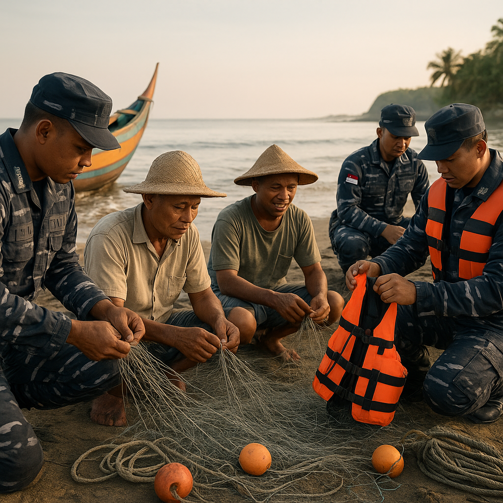 Prajurit TNI AL Bantu Perbaiki Jaring dan Kapal Nelayan Tradisional di Pesisir Cilacap