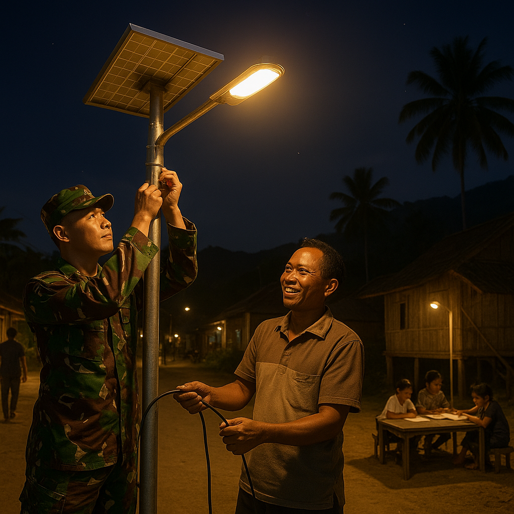Lampu Surya Terangi Kampung Terame, Satgas Yonif 407/PK Buka Akses Aktivitas Malam
