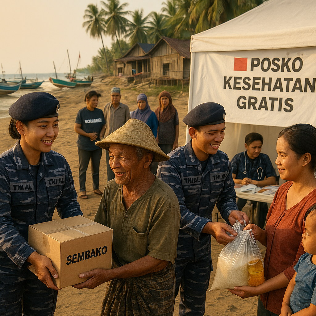 Bantu Warga Pinggiran, Personel TNI AL Bagikan Sembako dan Gelar Posko Kesehatan di Pesisir