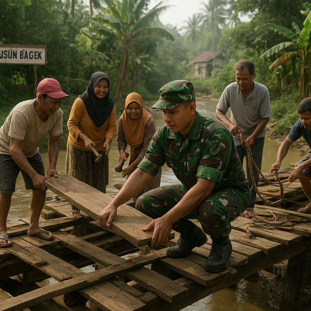 Babinsa Koramil Taliwang Bantu Warga Perbaiki Jembatan Rusak di Dusun Bagek