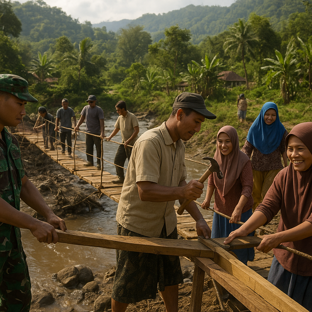 TNI Bantu Pembangunan Jembatan Gantung di Desa Sukamaju, Garut
