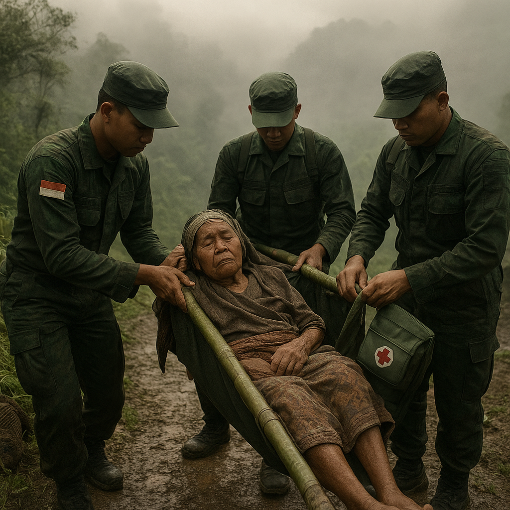 Mendung di Atas Bukit: Kisah Satgas TNI Menjemput Ibu Sakit untuk Dibawa ke Rumah Sakit