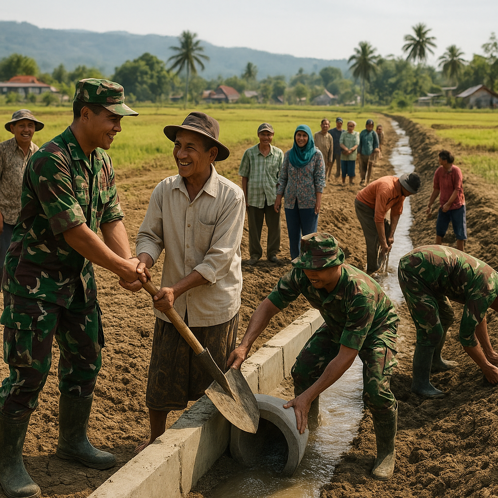 Prajurit TNI dan Warga Gotong Royong Bangun Irigasi Sawah di Desa Kerta Mukti