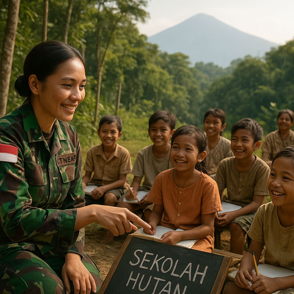Cerita Kehangatan: Prajurit Wanita TNI AD Ajar Anak-anak Desa Baca Tulis di Kegiatan 'Sekolah Hutan'