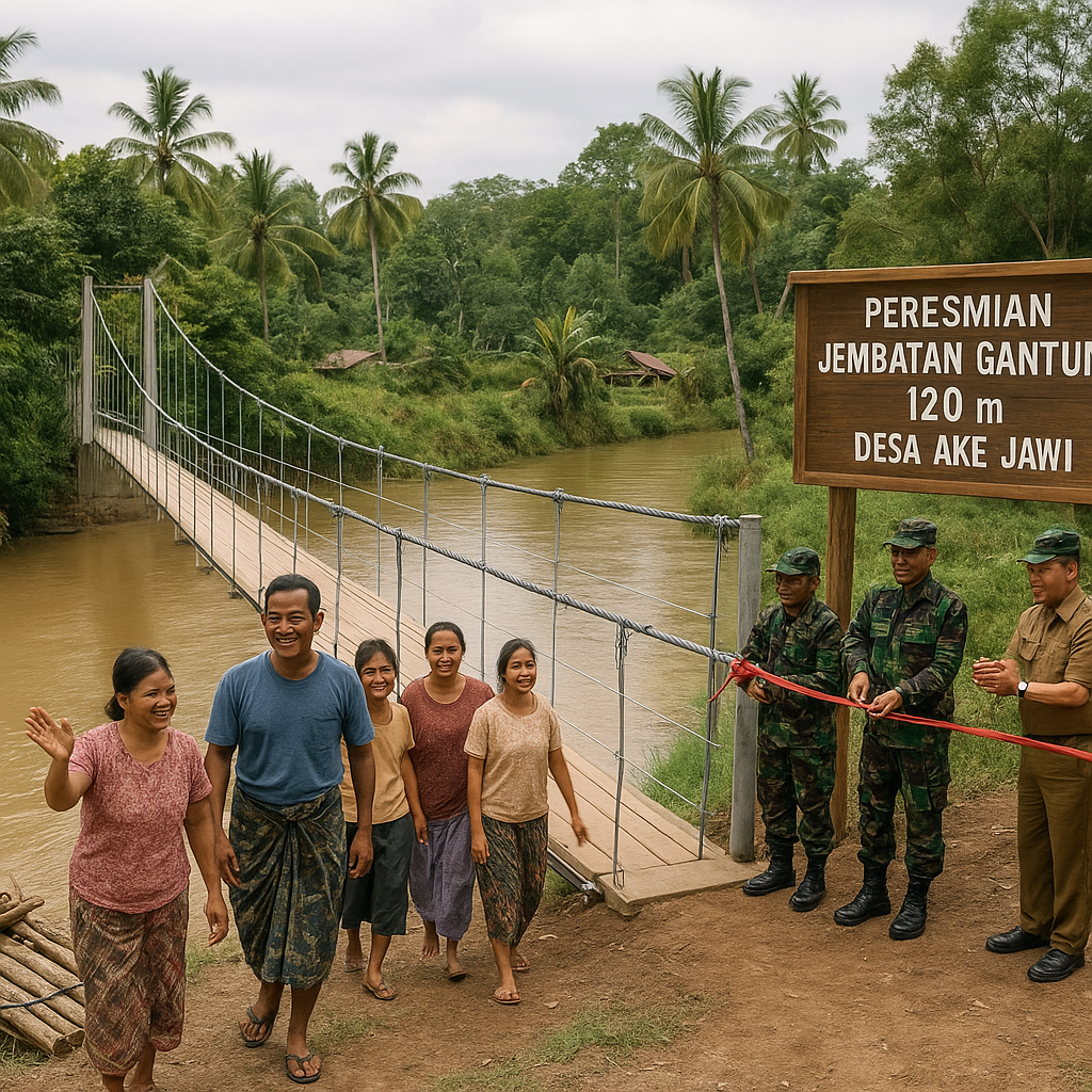 TNI Bangun Jembatan Gantung di Desa Terpencil Halmahera, Warga Tak Lagi Pakai Getek