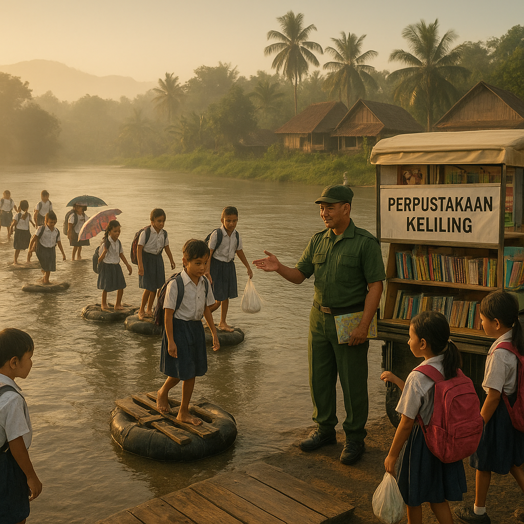 Kilas Pelosok: Dari Dompu, Pelajar SD Gunakan Perahu Ban Bekas ke Sekolah, Babinsa Hadirkan Perpustakaan Keliling