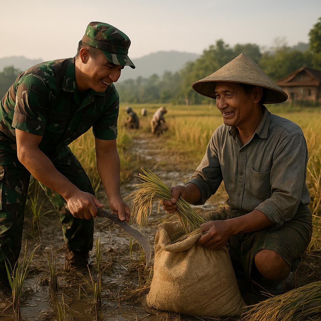 Babinsa Koramil 03/Randangan Turun ke Sawah, Bantu Petani Panen Padi