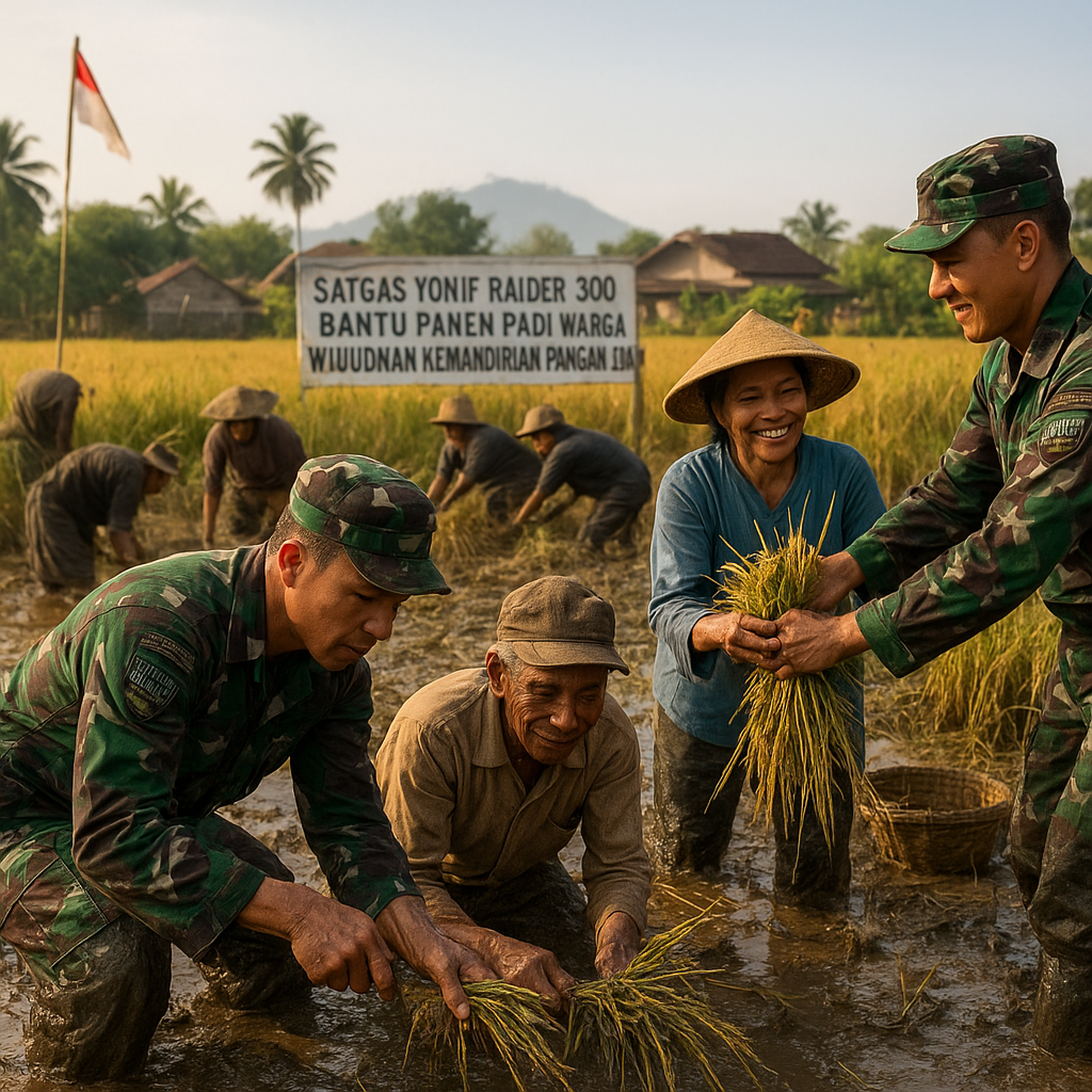 Satgas Yonif Raider 300 Bantu Panen Padi Warga, Wujudkan Kemandirian Pangan Desa