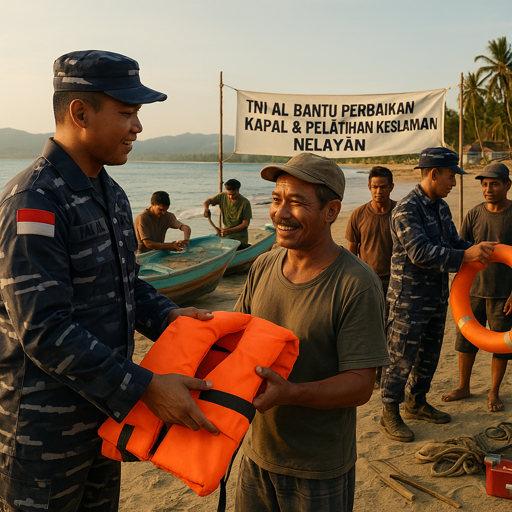 TNI AL Bantu Perbaikan Kapal dan Beri Pelatihan Keselamatan bagi Nelayan di Pesisir Lampung